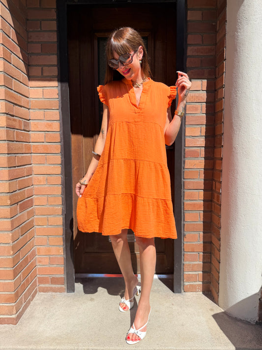 Robe Ample Coton Col V Orange