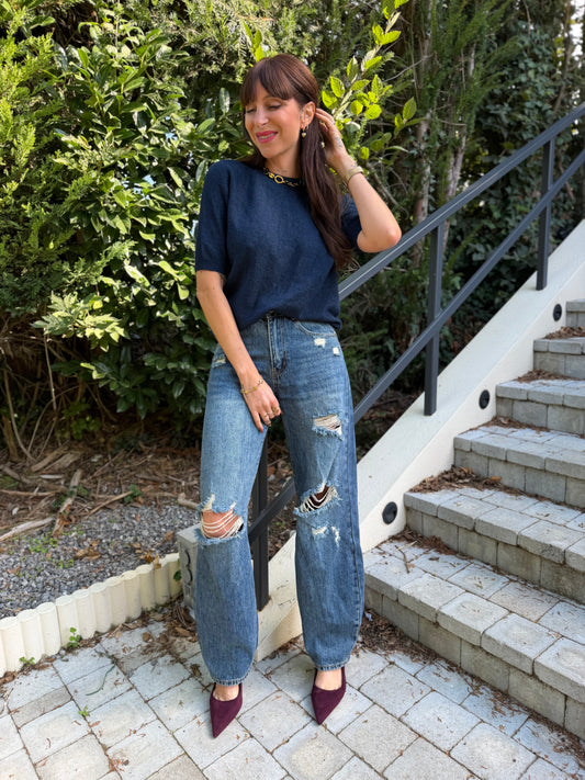 Pull Manche Courte Bleu Marine