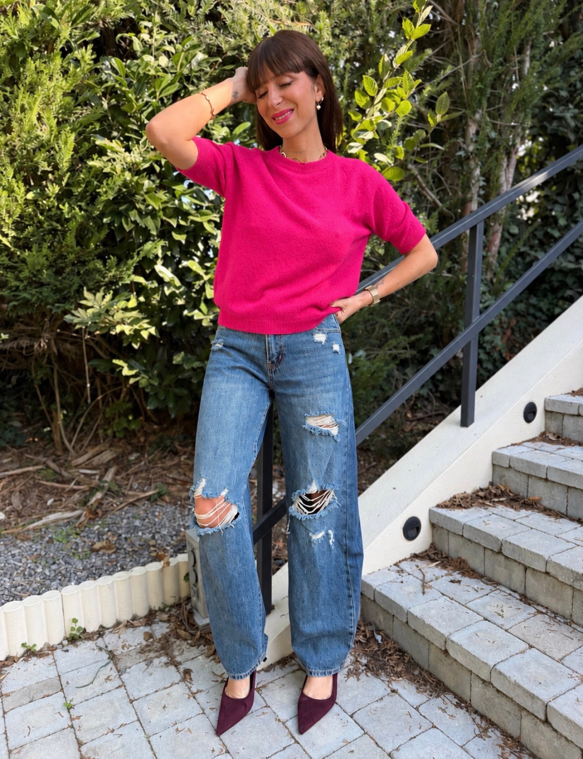 Pull Manche Courte Fushia