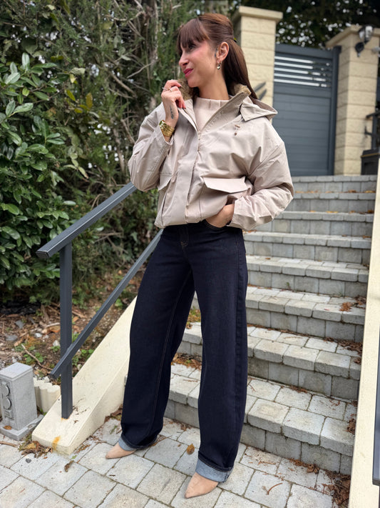 Manteau Court Capuche Ecru