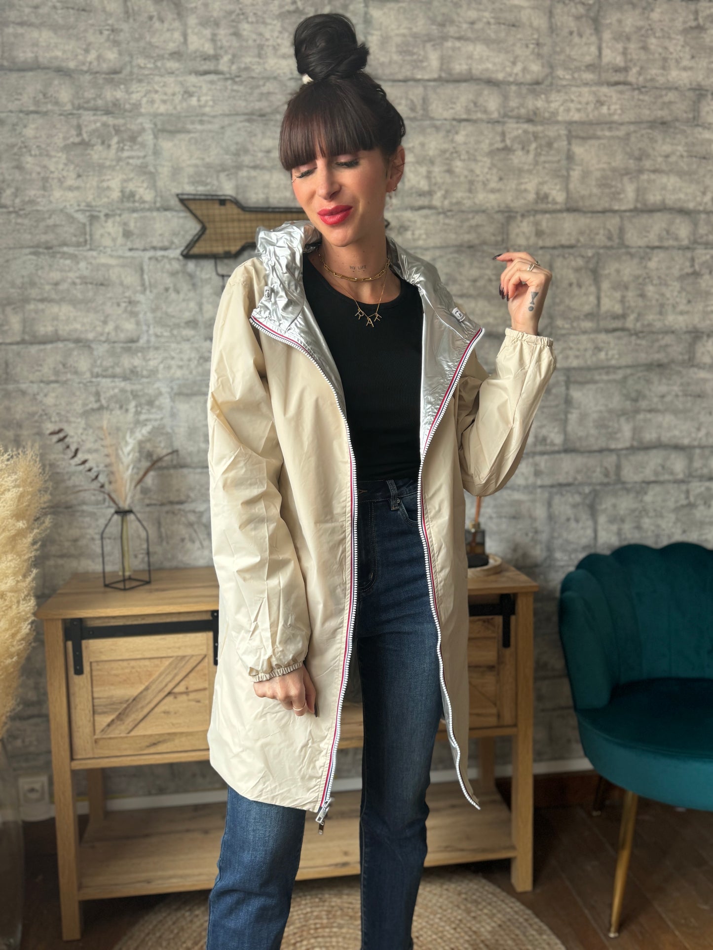 Imperméable Réversible Argenté/Crème
