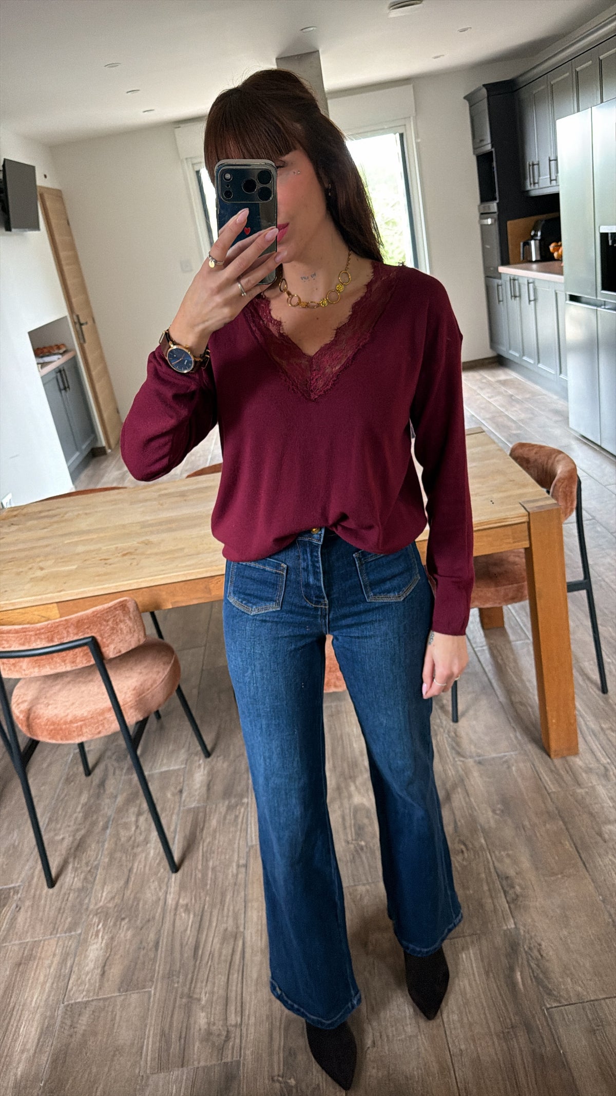 Pull Fin Dentelle Bordeaux