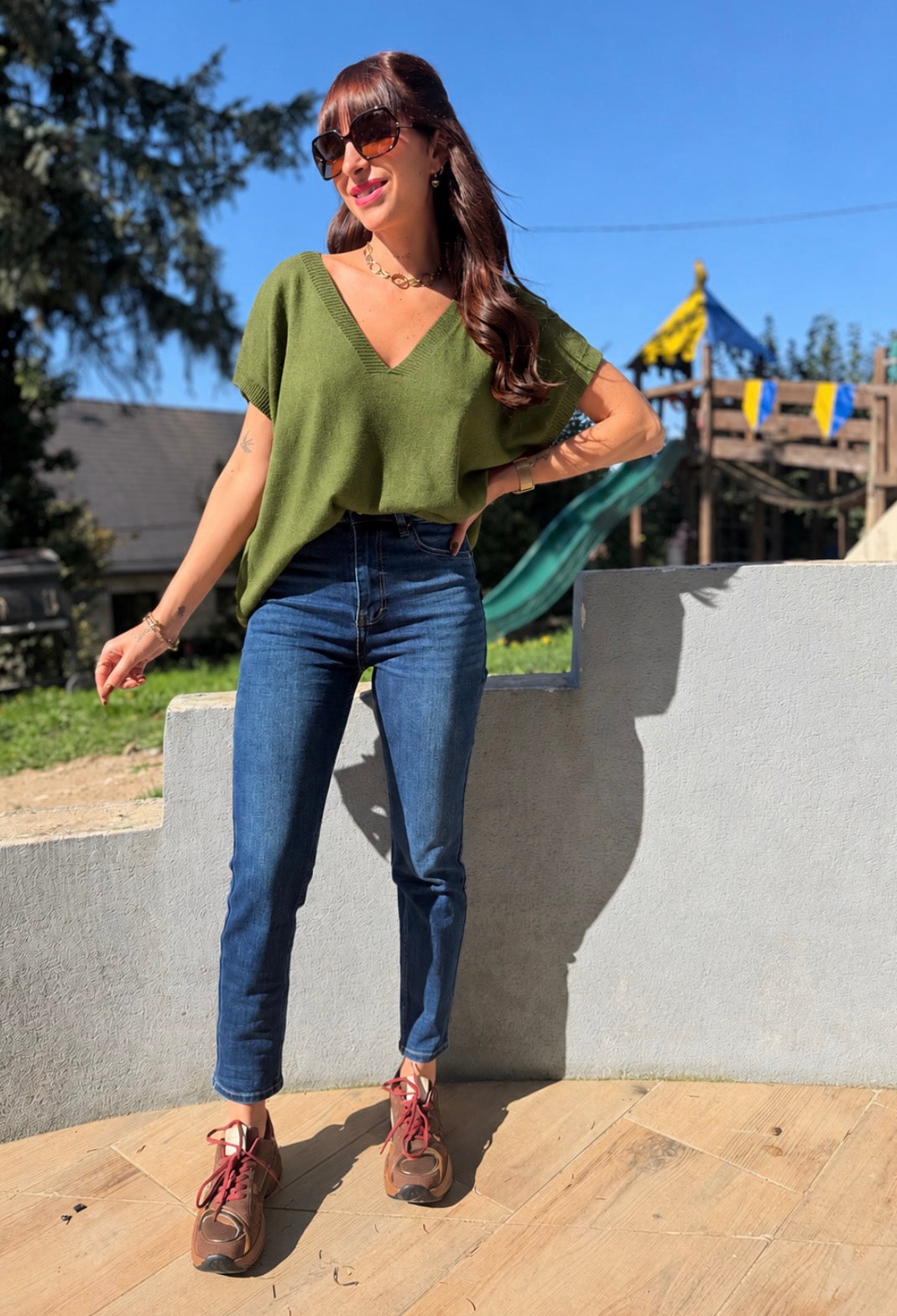 Pull fin Col V Vert Olive