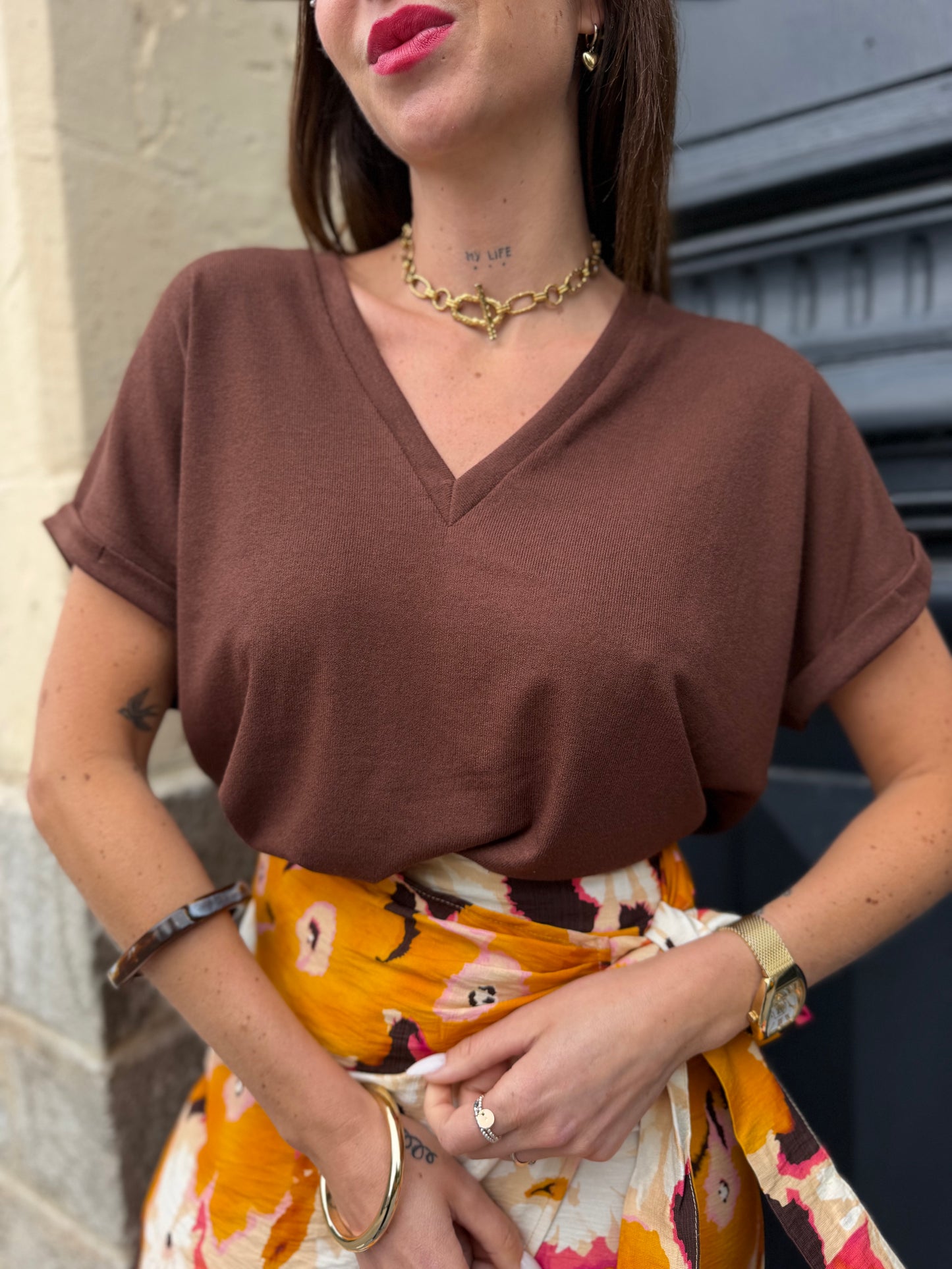 T Shirt Col V Maille Uni