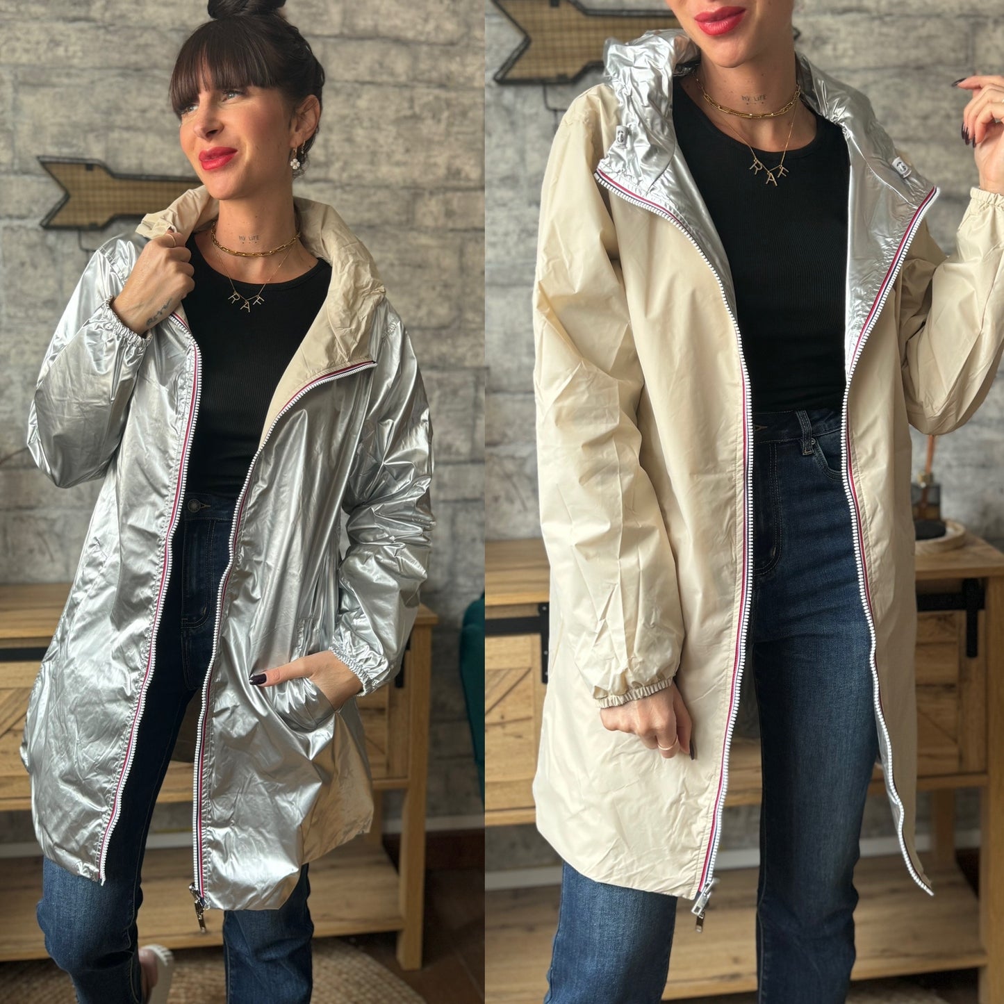 Imperméable Réversible Argenté/Crème