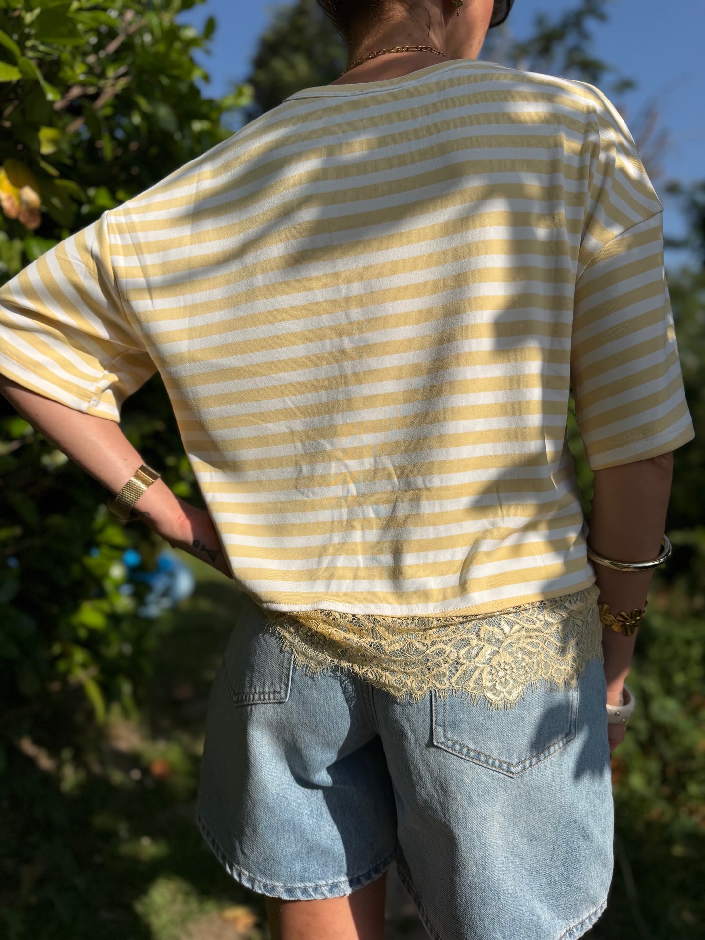 T-shirt Rayé dentelle Jaune