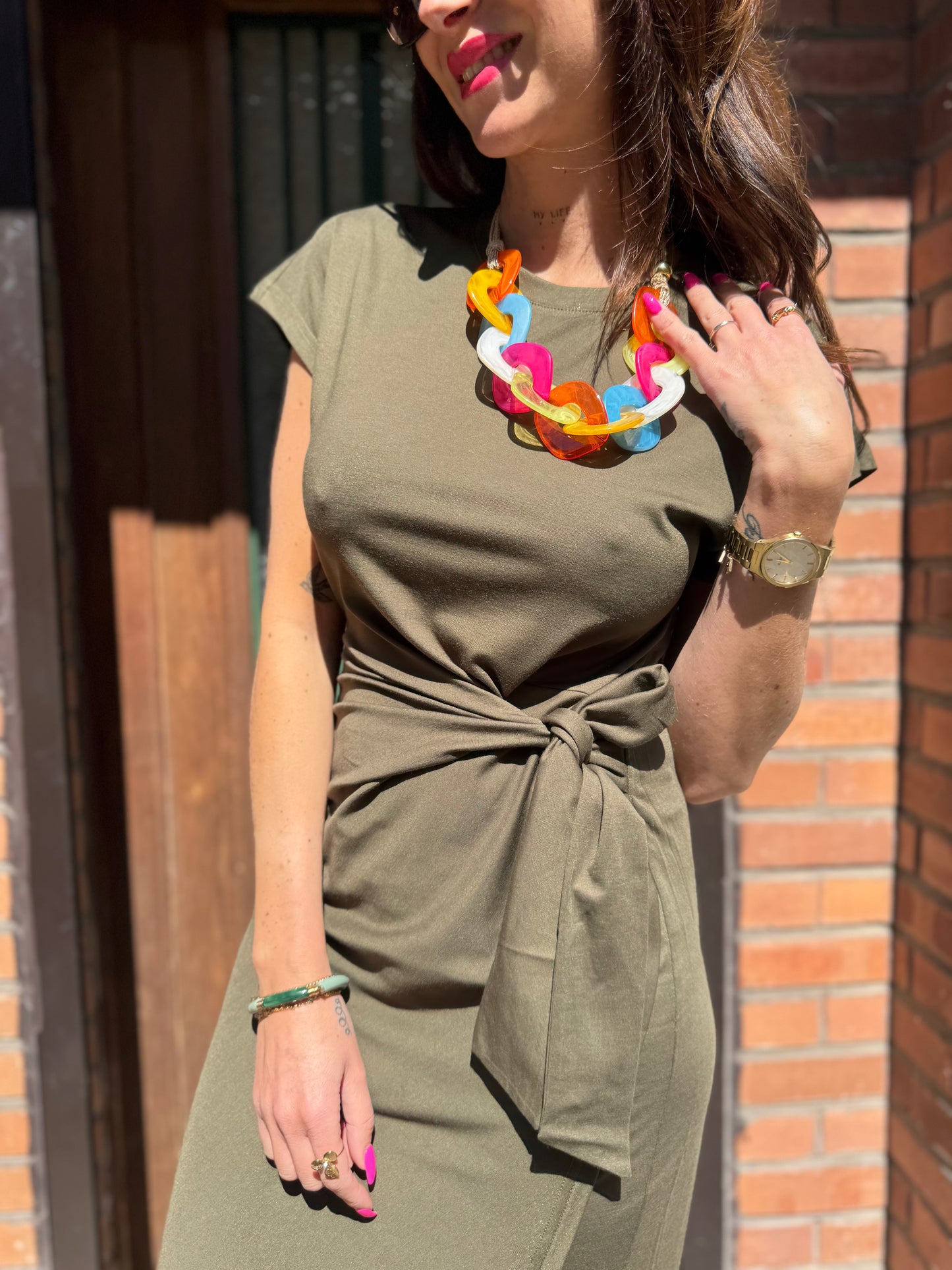 Robe T-shirt Nouée Kaki