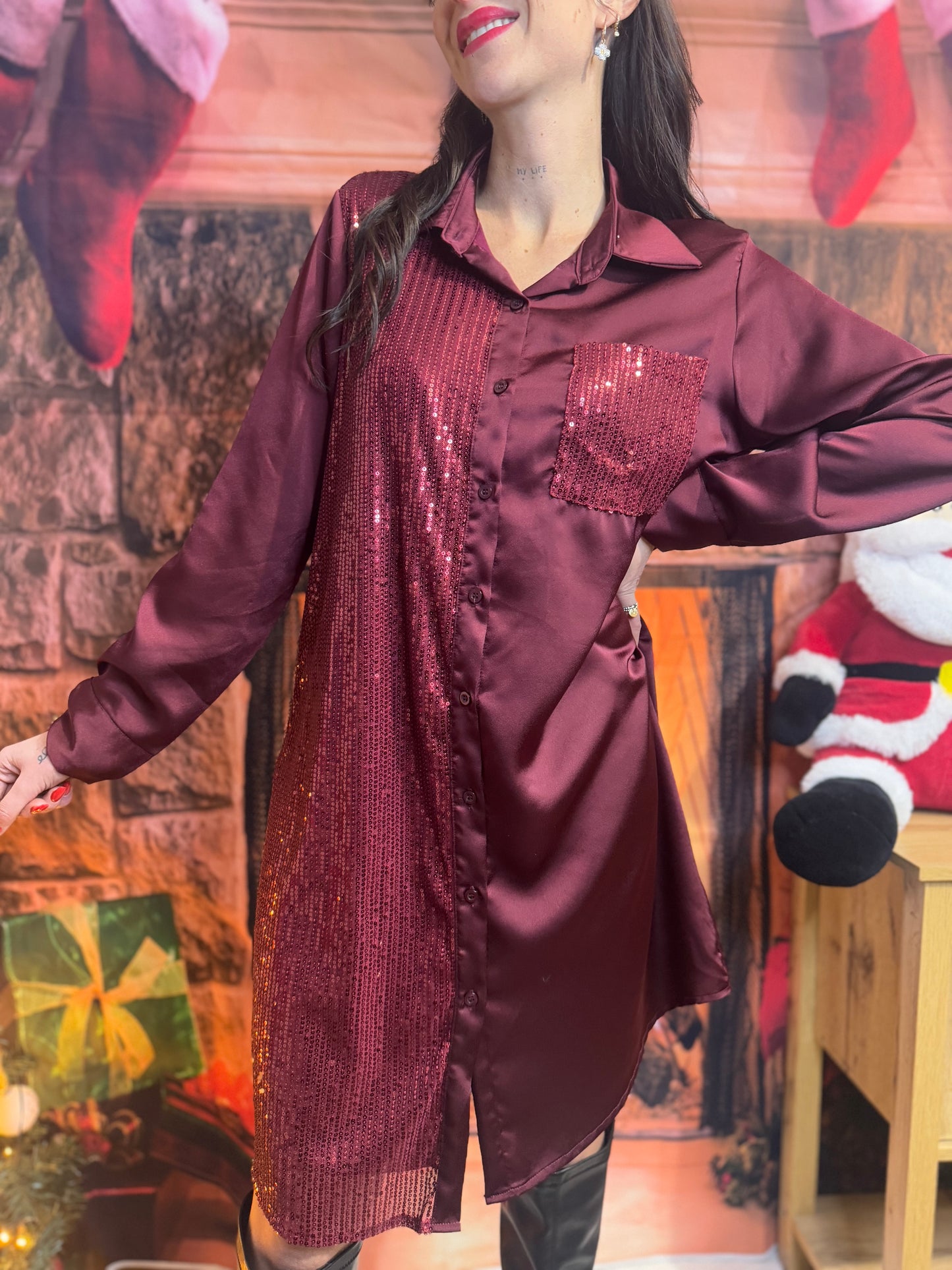 Robe Chemise Bordeaux Sequin