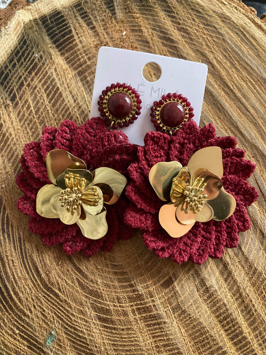 Boucle d’oreille Fleur Bordeaux Et Or