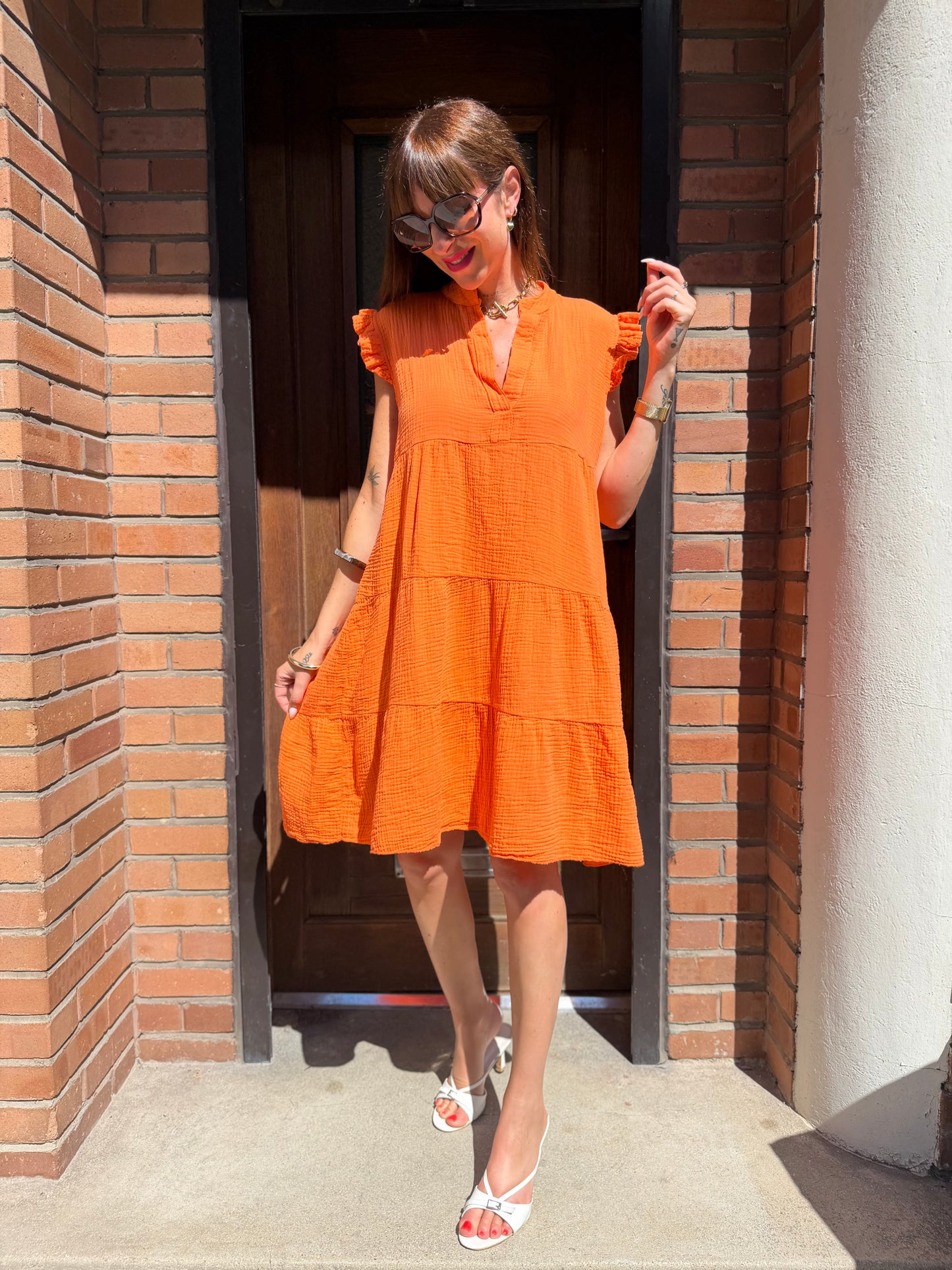 Robe Ample Coton Col V Orange