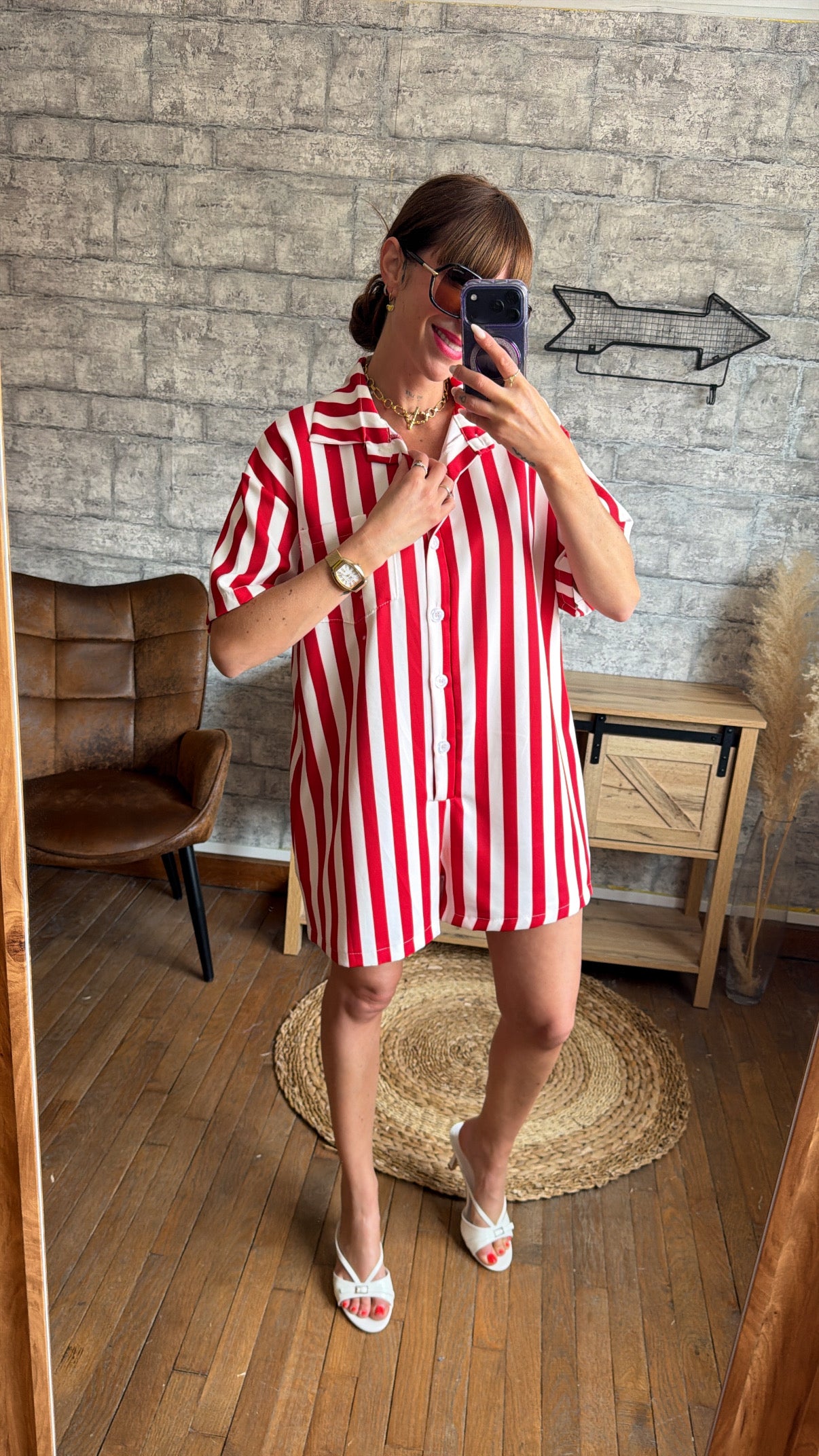 Combi short Rayé Rouge
