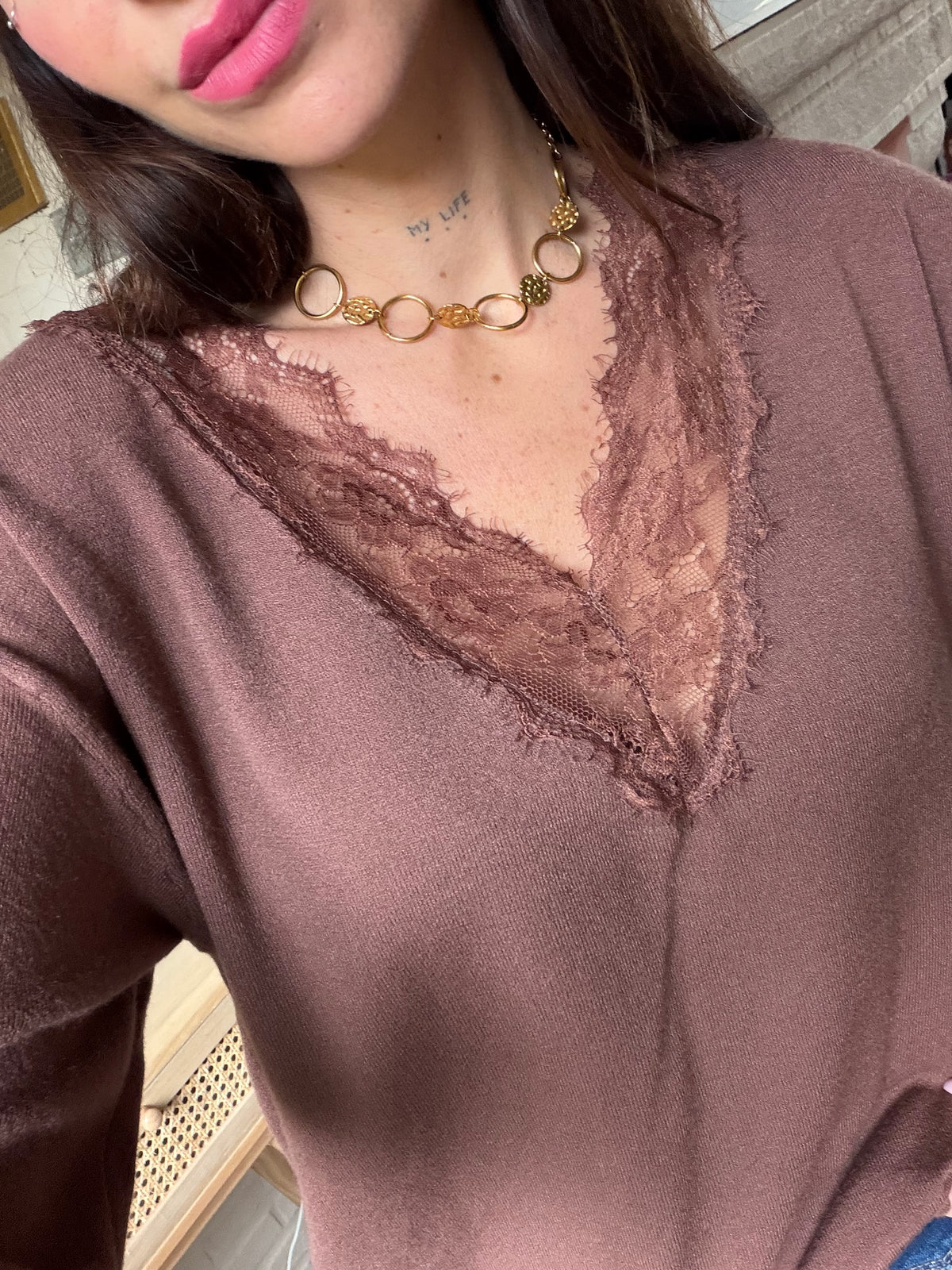 Pull Fin Dentelle Chocolat