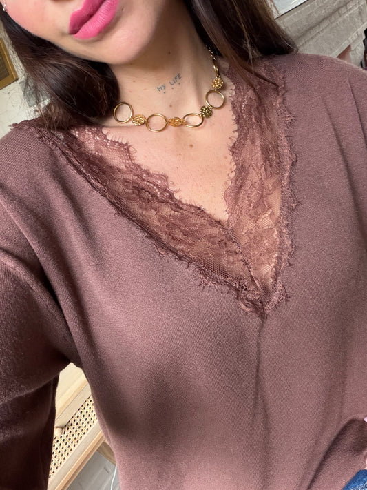 Pull Fin Dentelle Chocolat
