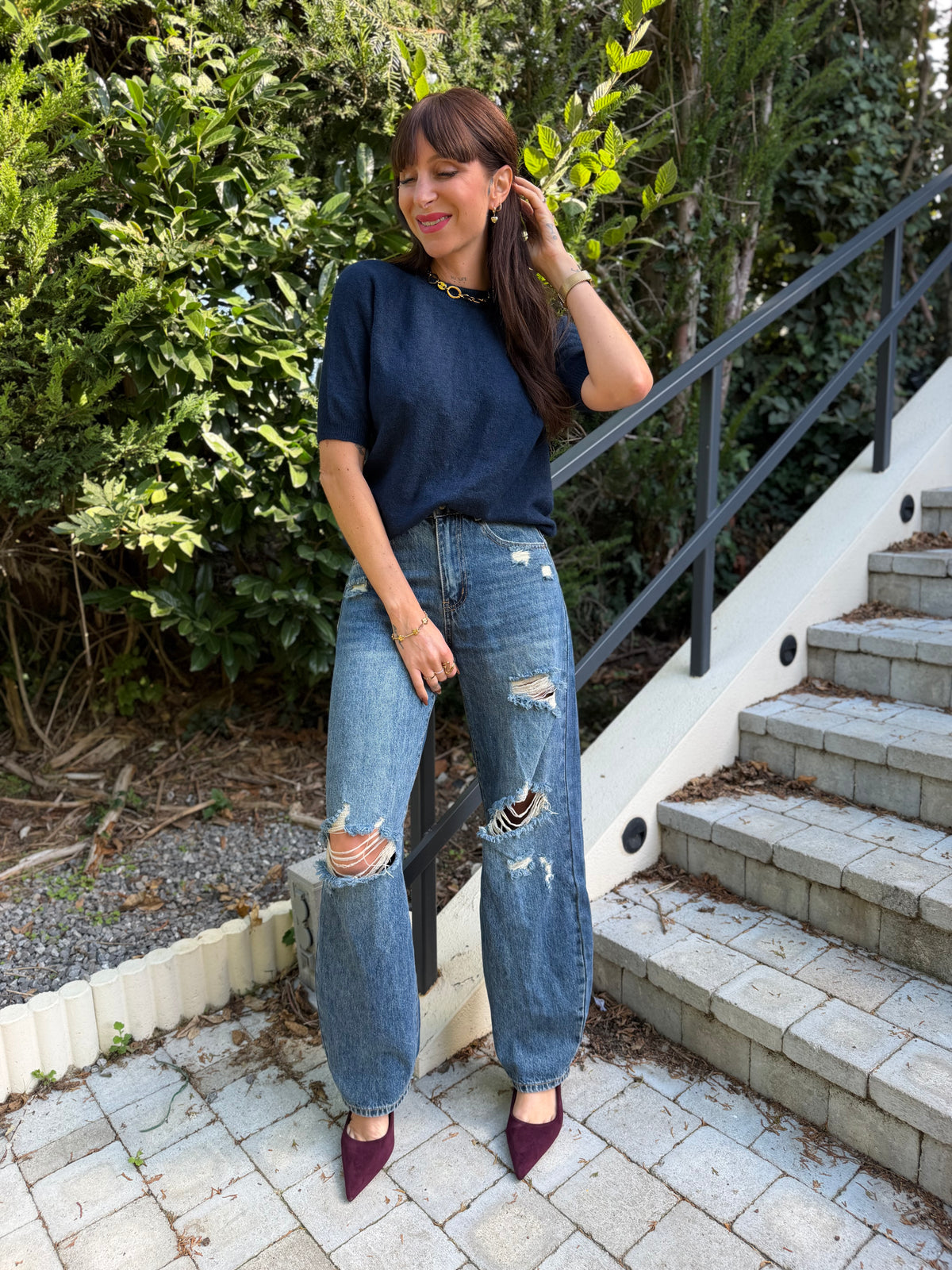 Pull Manche Courte Bleu Marine