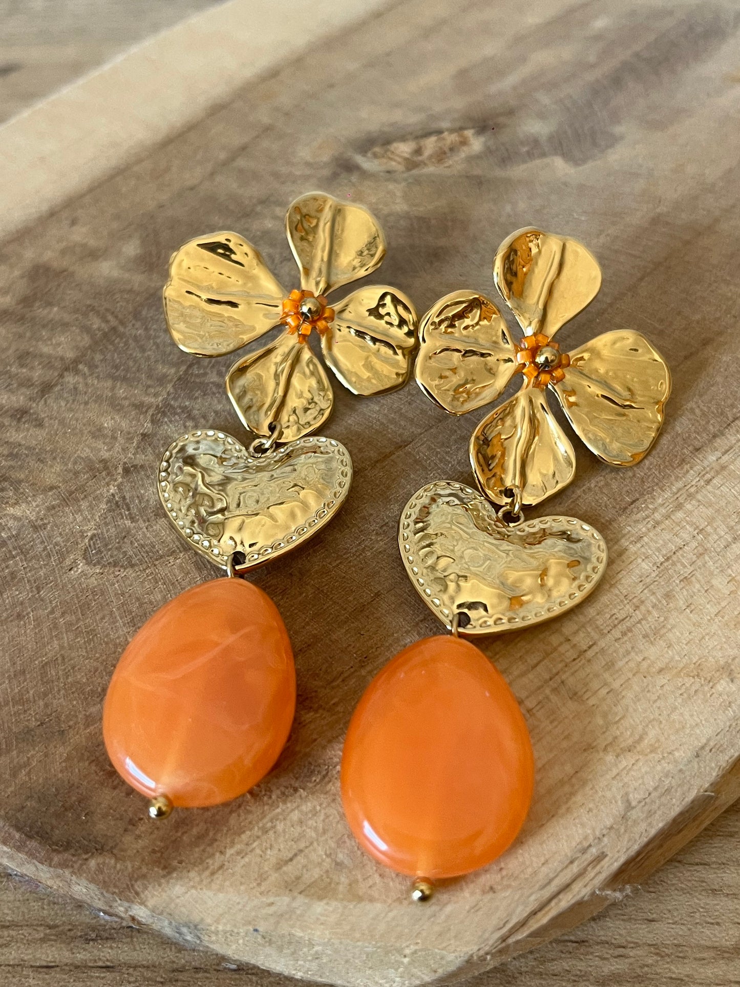Boucle D’oreille Fleur et Cœur Orange