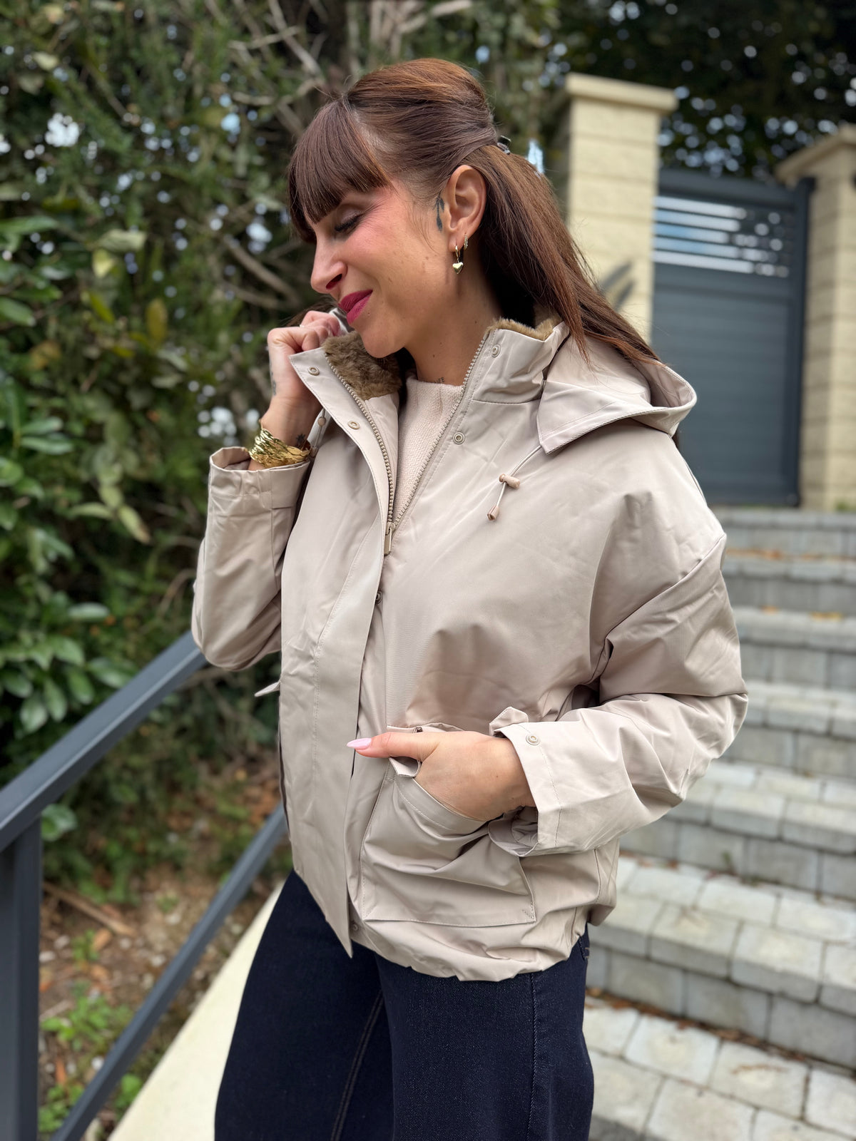 Manteau Court Capuche Ecru