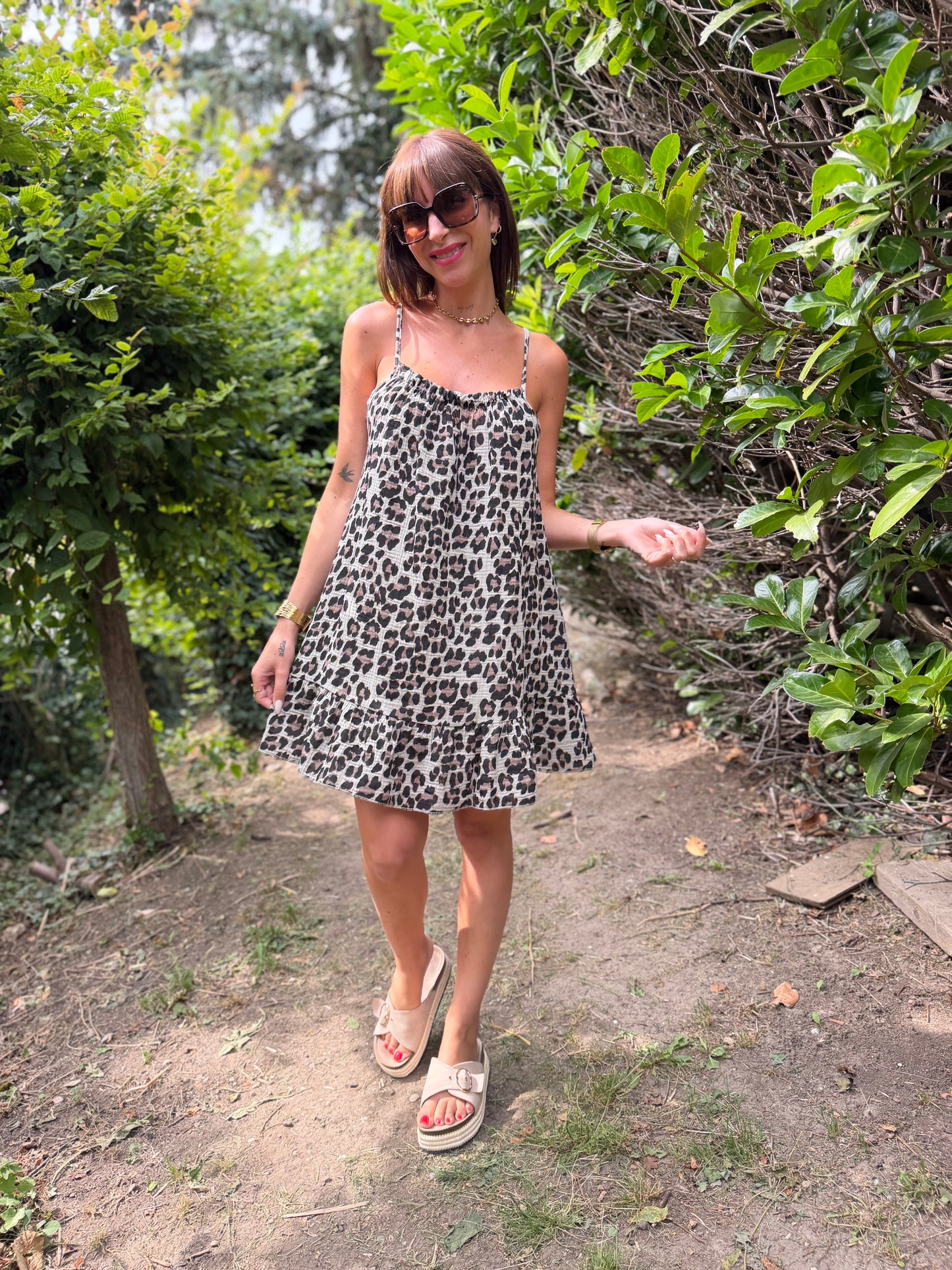 Robe Ample Bretelle Court Léopard