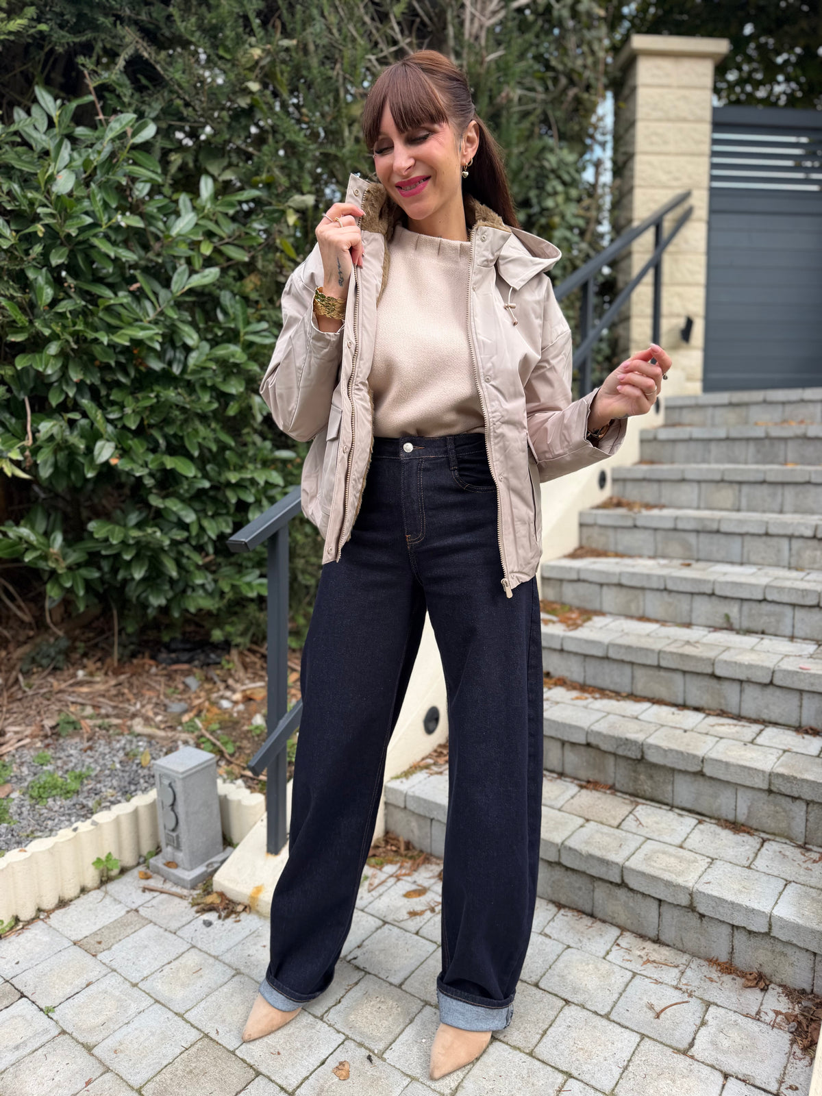 Manteau Court Capuche Ecru