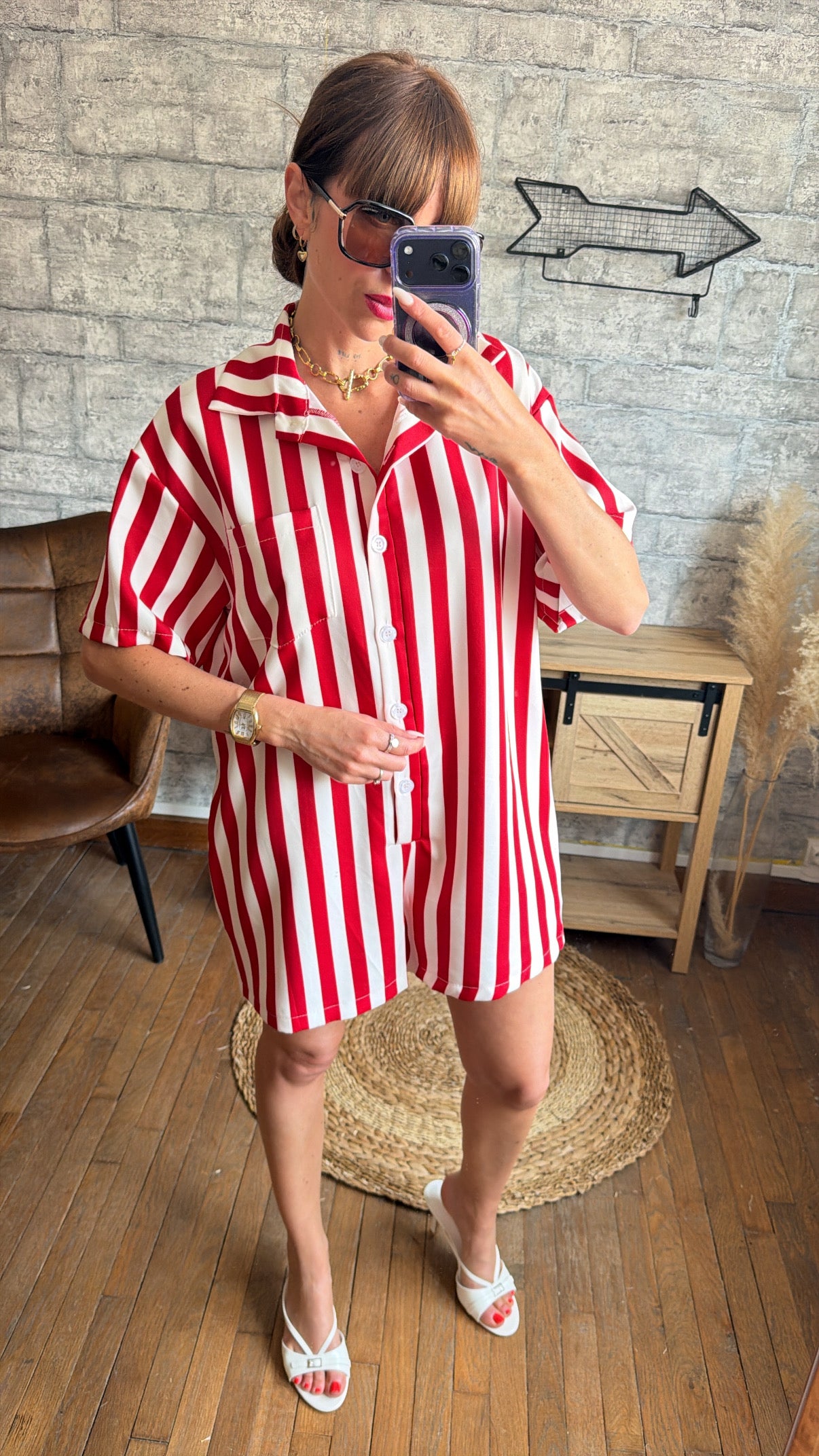 Combi short Rayé Rouge