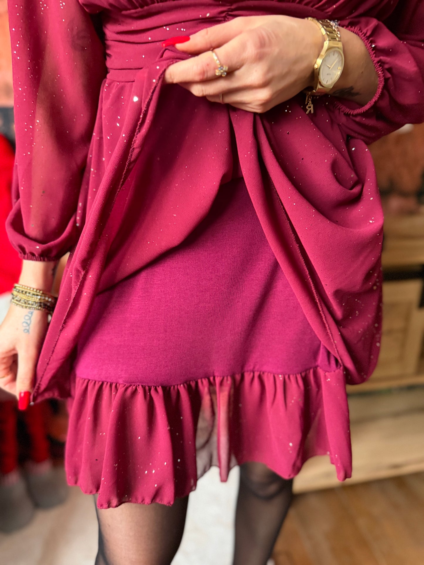 Robe Col V Paillettes Bordeaux