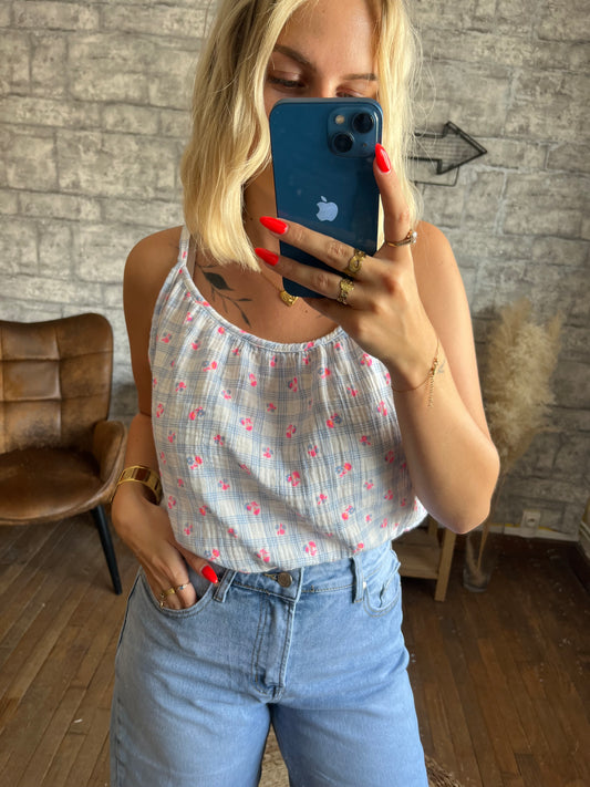 Top Coton Imprimé Bleu