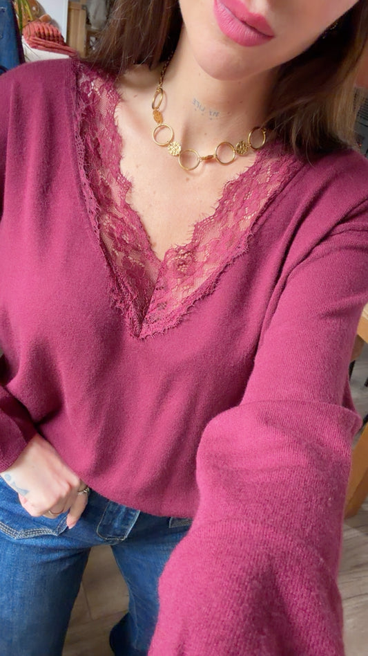 Pull Fin Dentelle Bordeaux