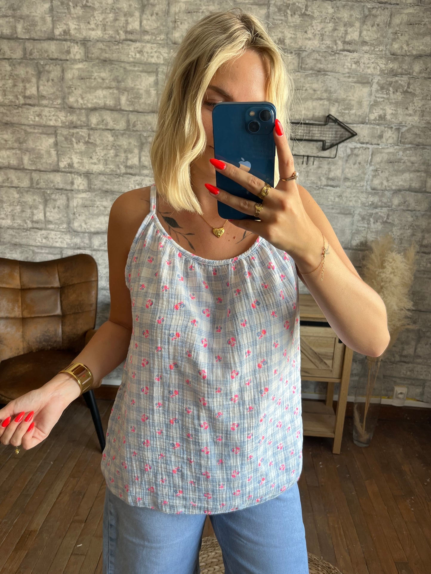 Top Coton Imprimé Bleu