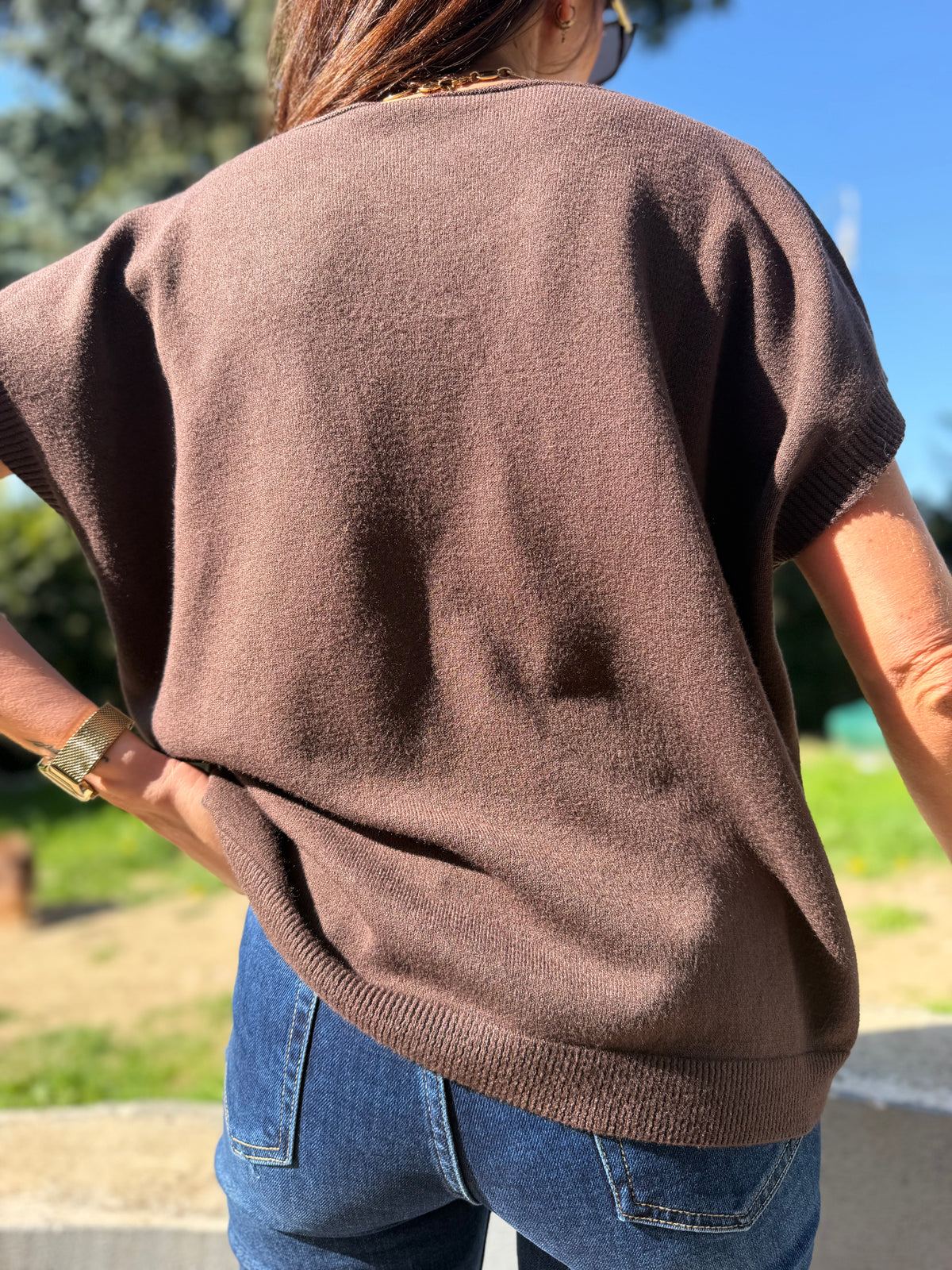 Pull fin Col V Chocolat