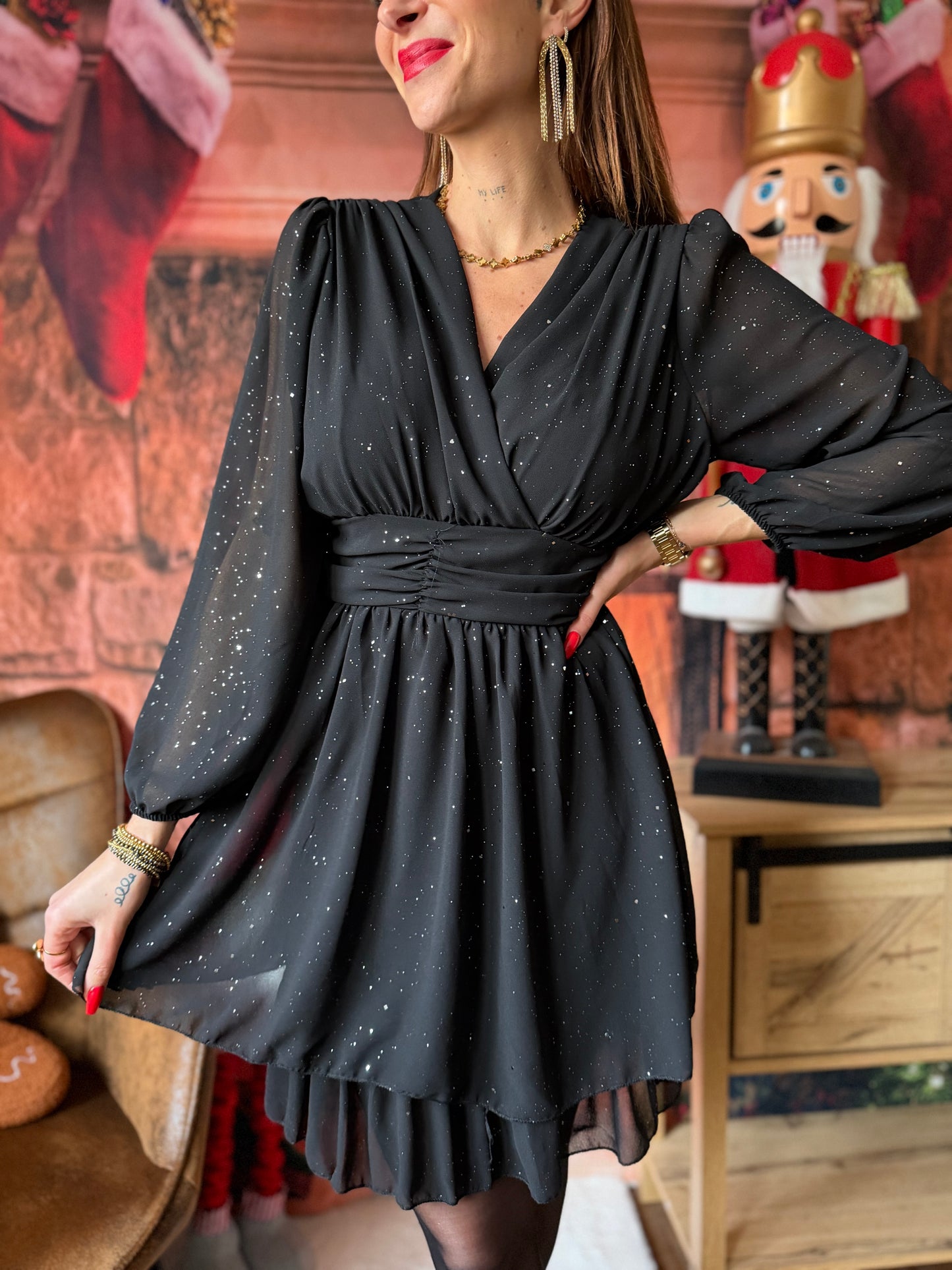 Robe Col V Paillettes Noir