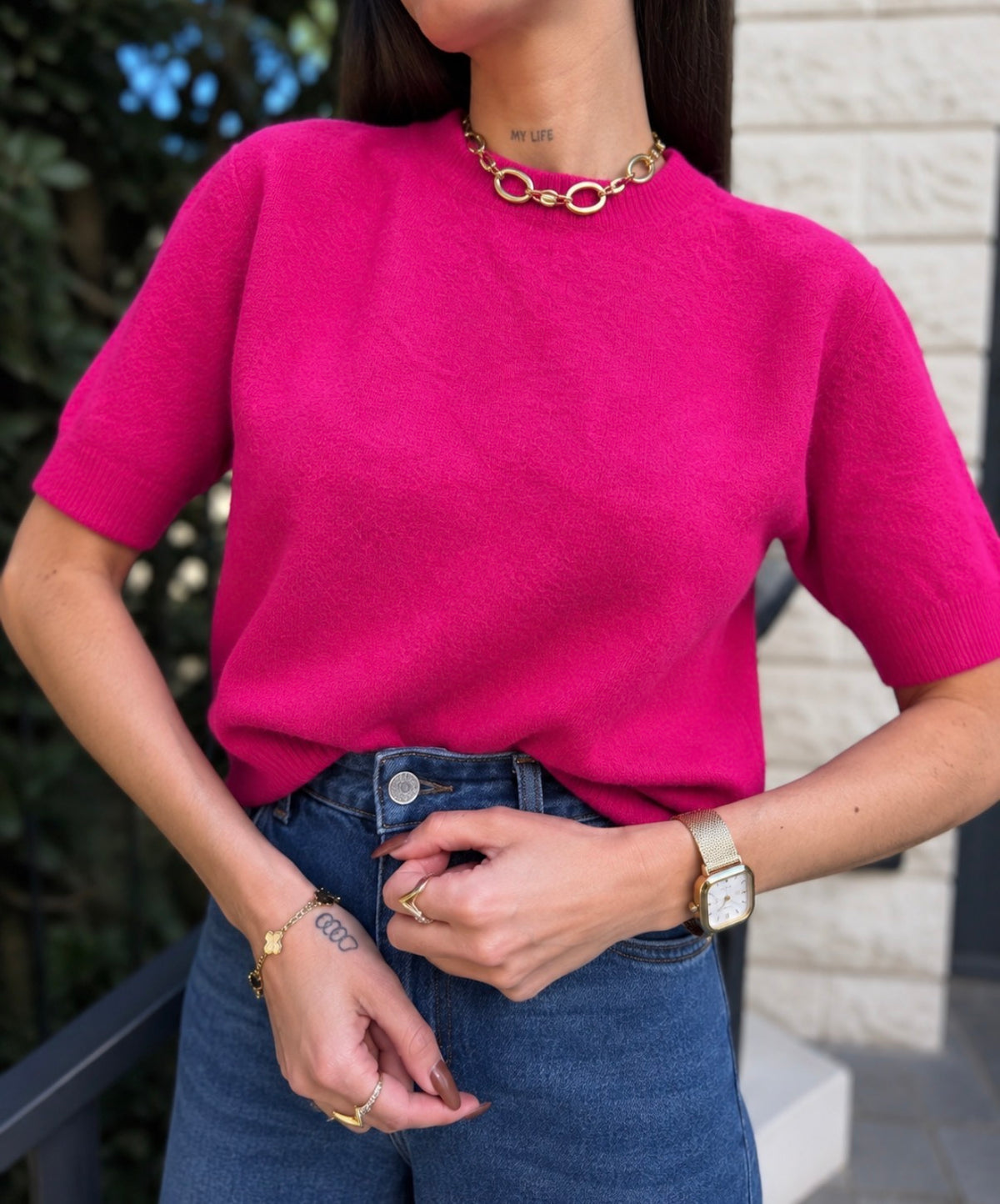 Pull Manche Courte Fushia