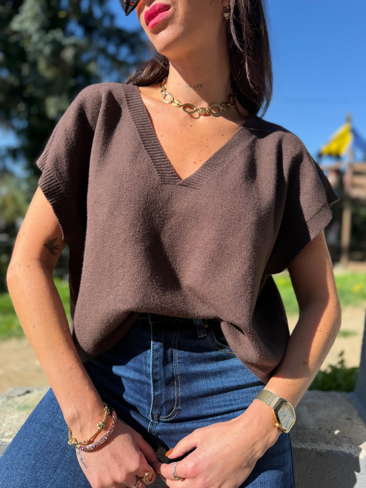 Pull fin Col V Chocolat