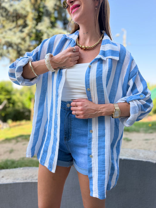Chemise Coton Rayé Bleu