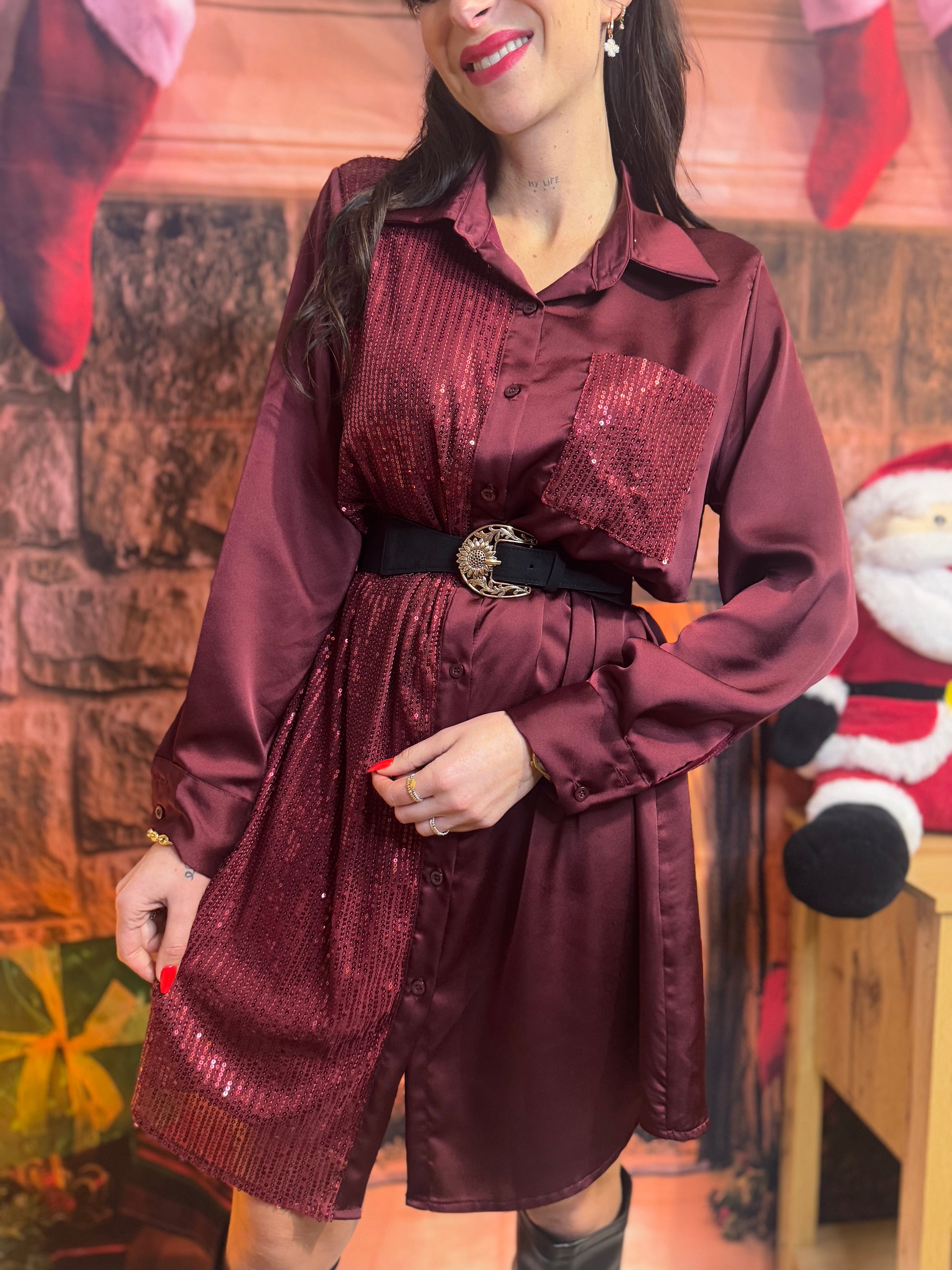 Robe Chemise Bordeaux Sequin – Mademoiselle Coco Concept