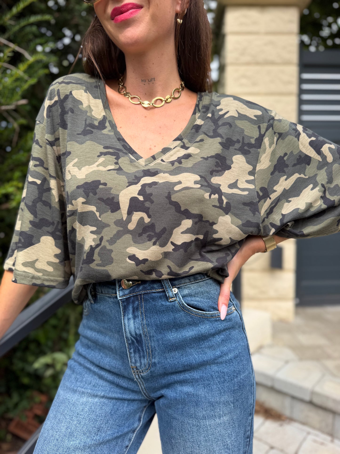 T Shirt Col V Camouflage