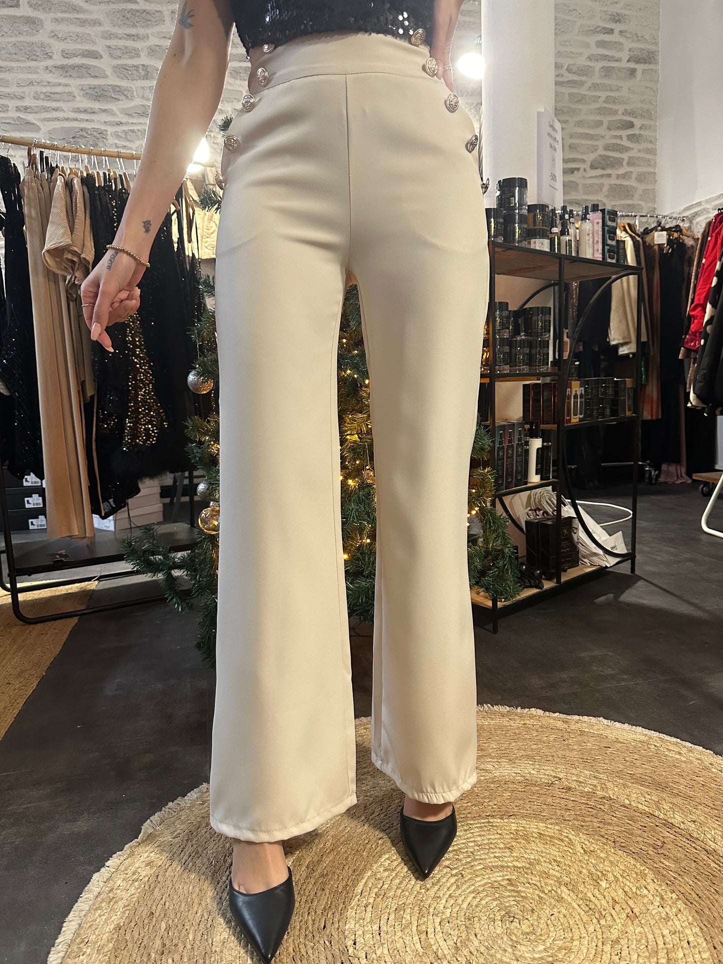 Pantalon Taille haute Bouton Ecru Mademoiselle Coco Concept