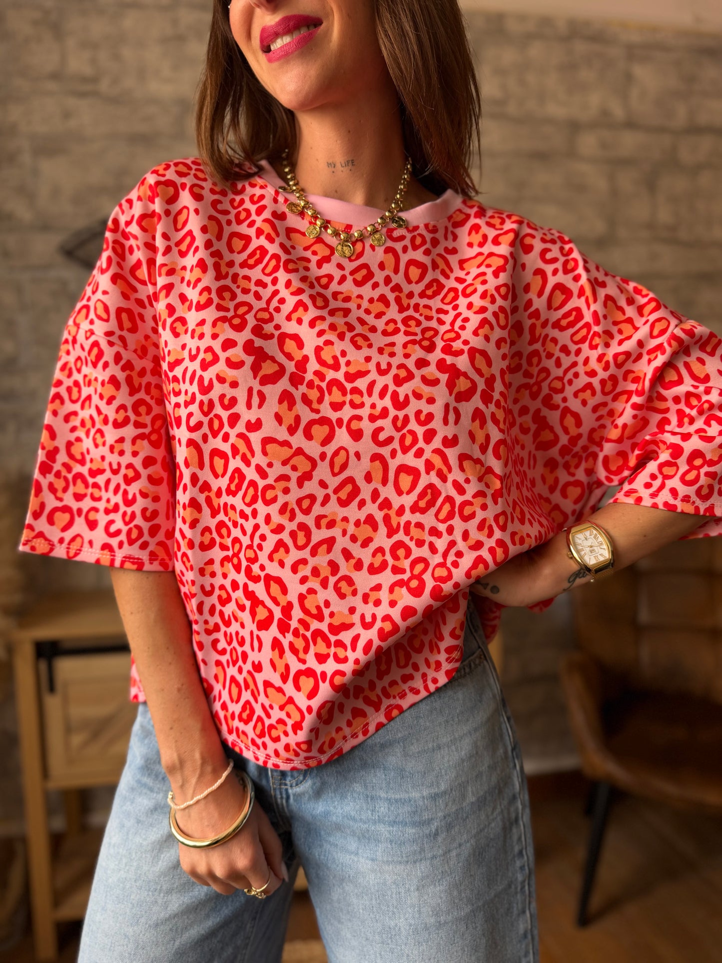T Shirt Léopard Rose et Rouge