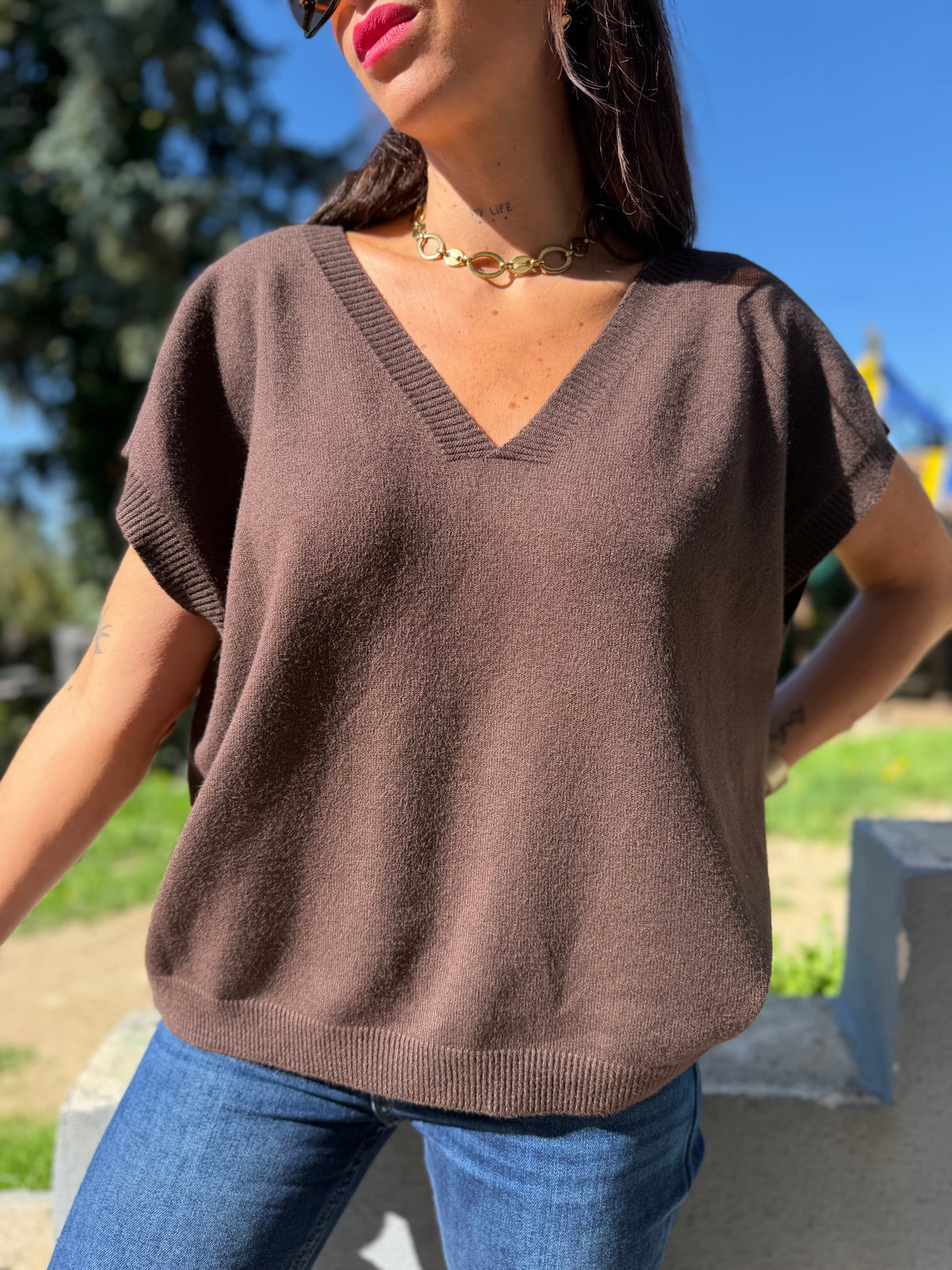 Pull fin Col V Chocolat
