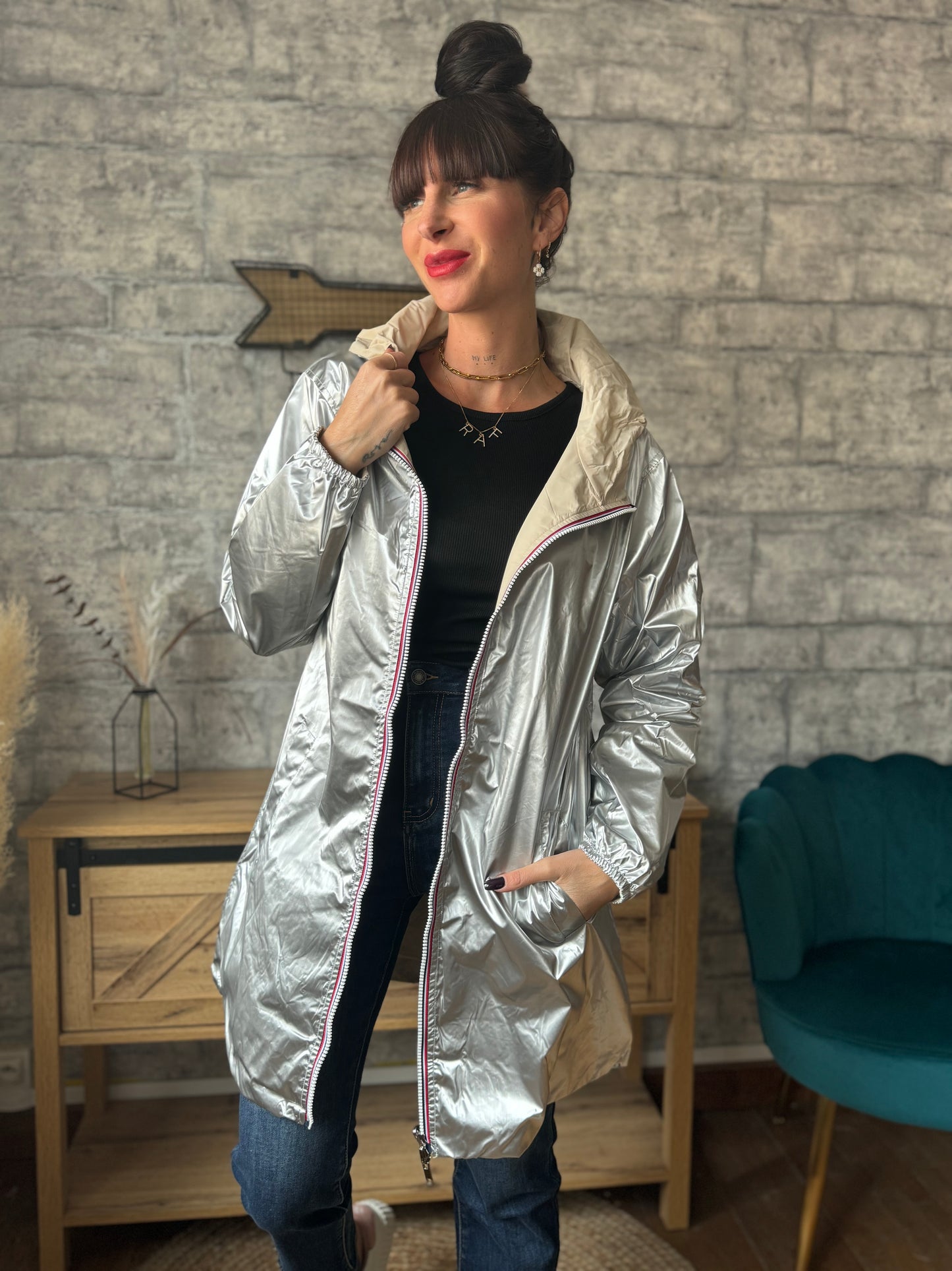 Imperméable Réversible Argenté/Crème