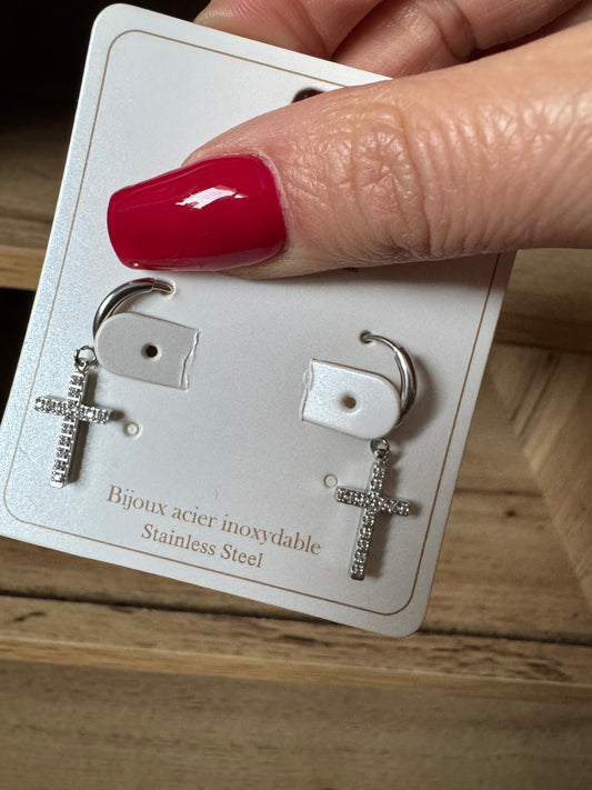 Boucle d’oreille Croix Argent