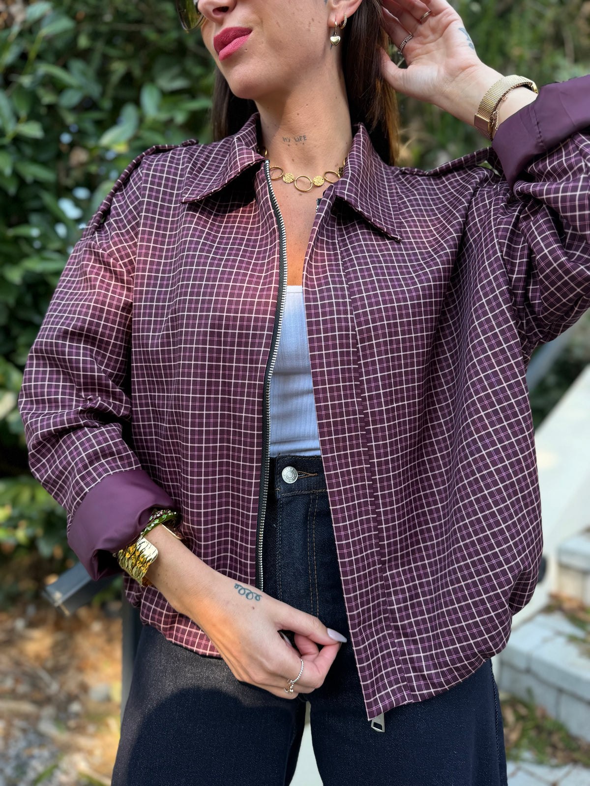 Veste Bomber Carreaux Bordeaux