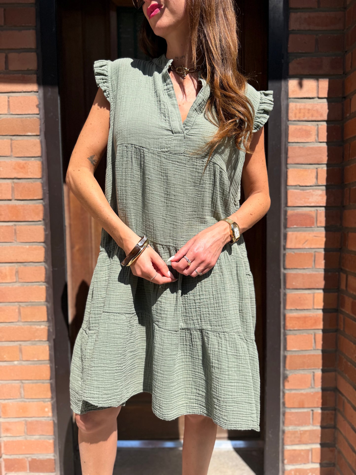 Robe Ample Coton Col V Kaki