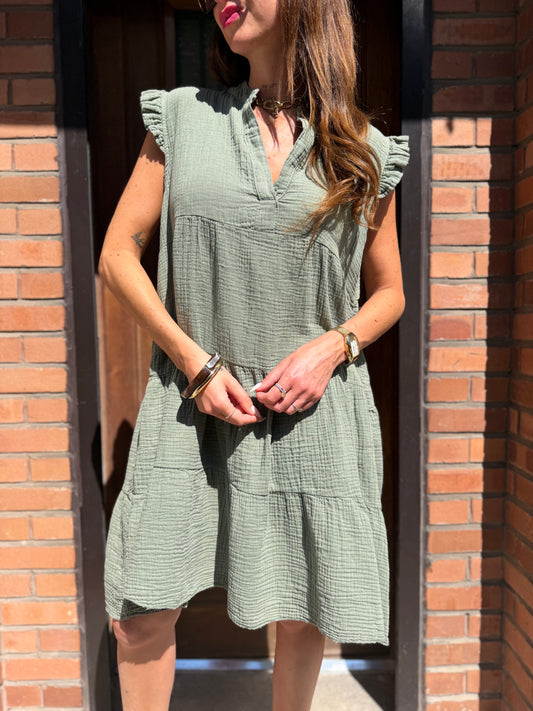 Robe Ample Coton Col V Kaki