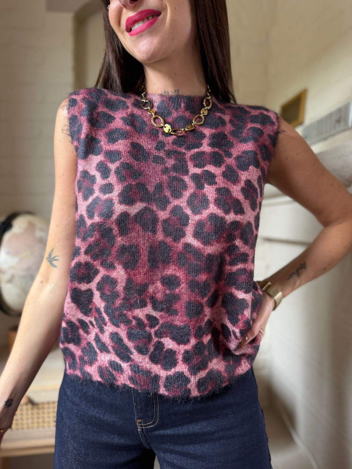 Pull Sans Manches Léopard Rose