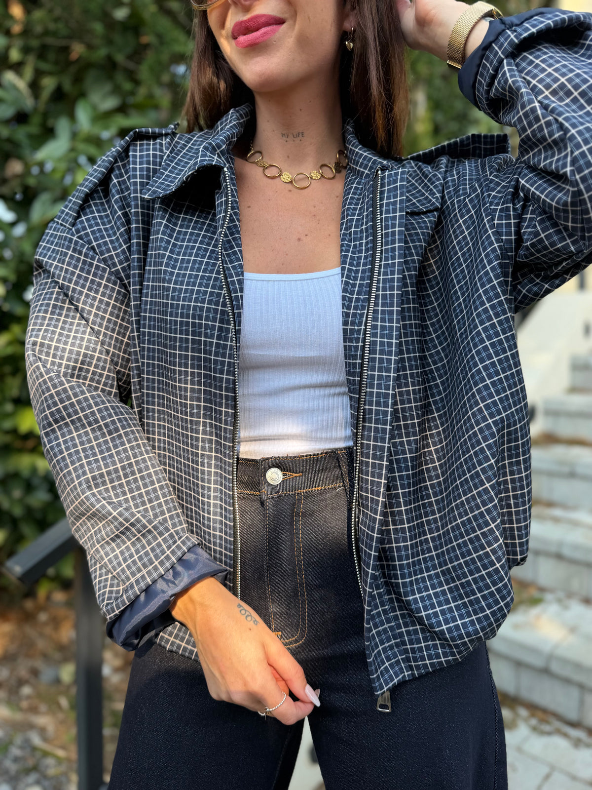 Veste Bomber Carreaux Bleu