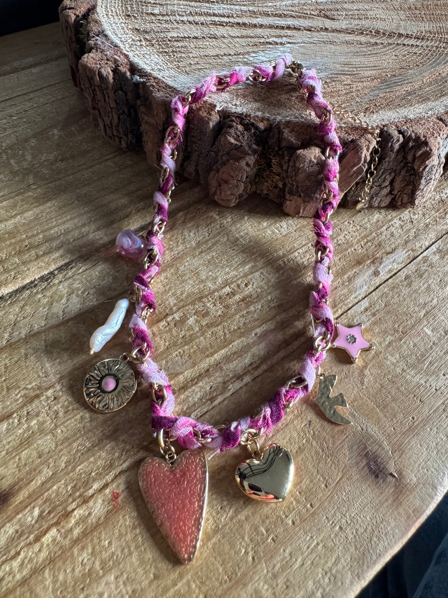 Collier Tissus Breloque Fushia