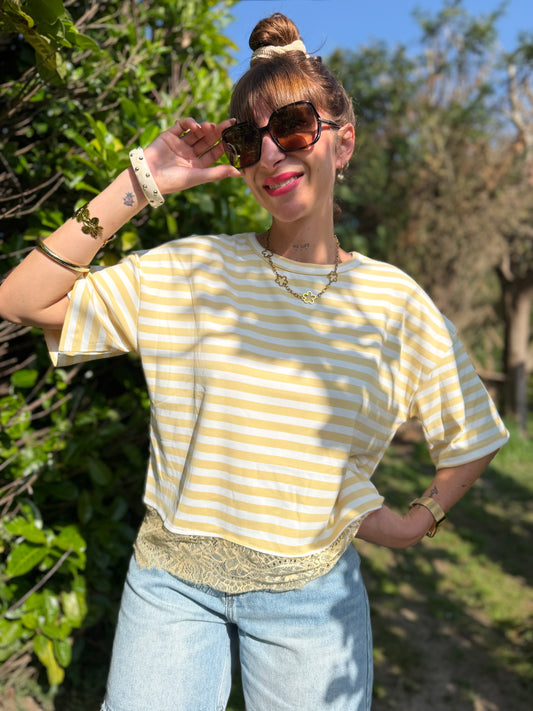 T-shirt Rayé dentelle Jaune
