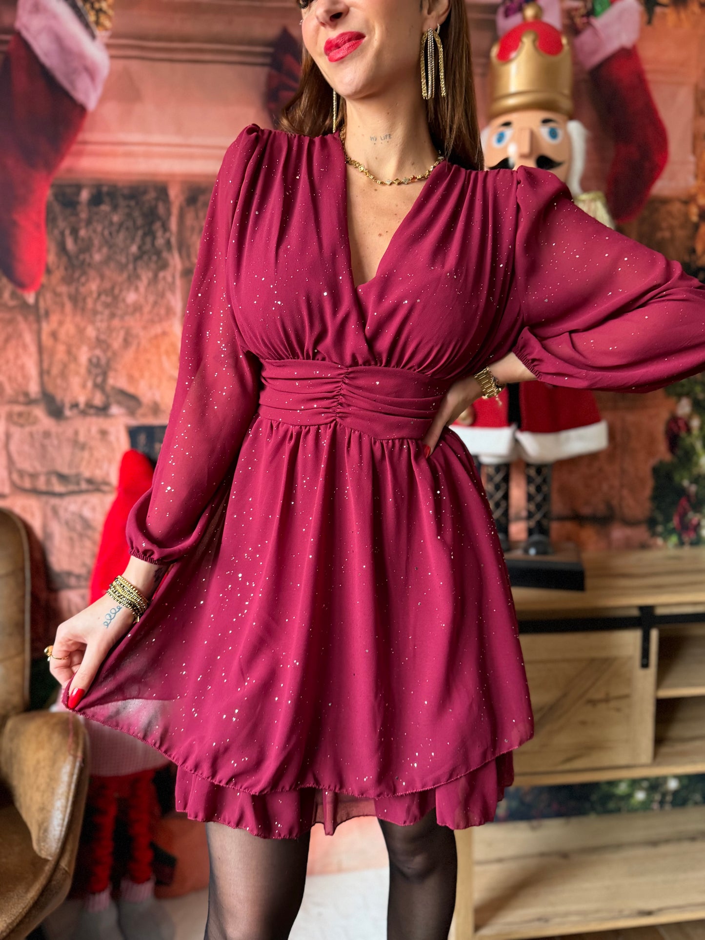 Robe Col V Paillettes Bordeaux
