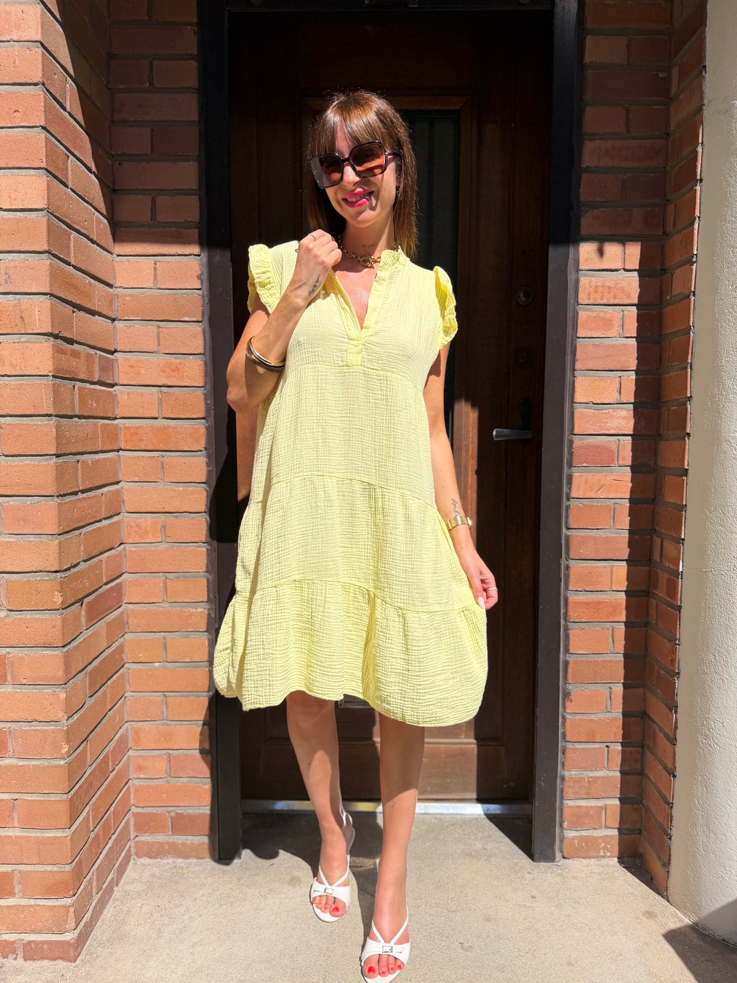 Robe Ample Coton Col V Jaune