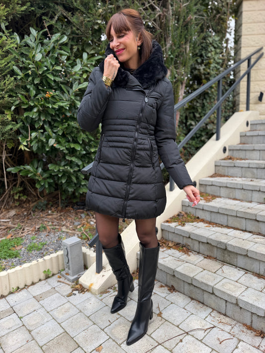 Manteau Fourré Cintré Noir