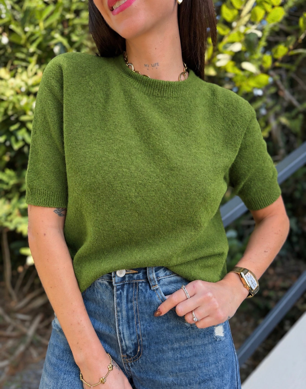 Pull Manche Courte Vert Olive